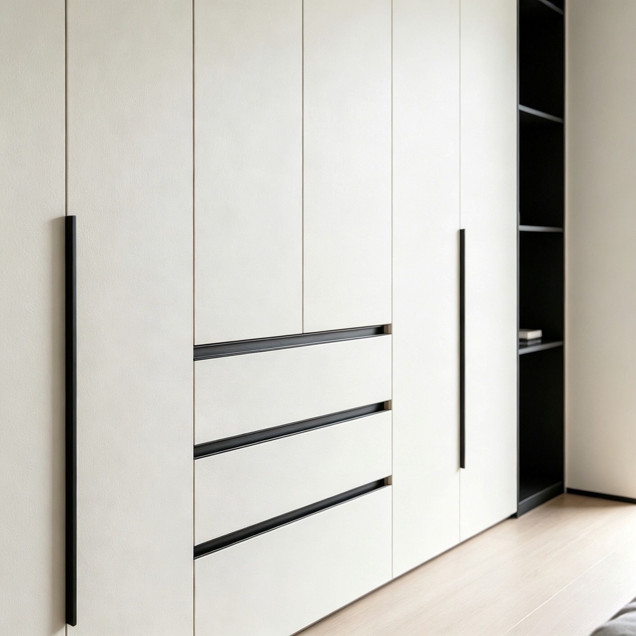 white malemine wardrobe drawers and open shelves