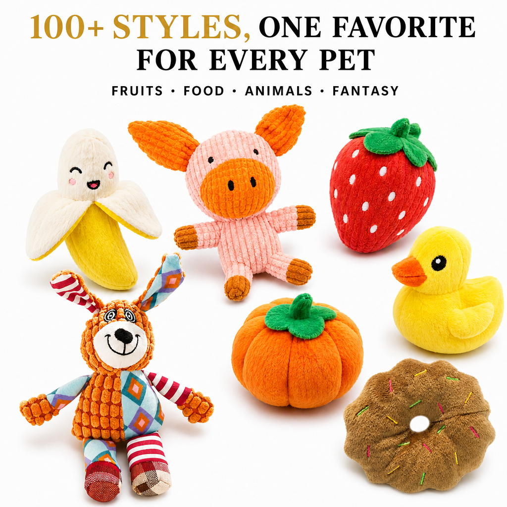 ROADREIGN Juguetes de peluche chirriantes para cachorros y perros pequeños: más de 100 estilos resistentes a las mordeduras: frutas, comida rápida y animales de pana con chirriadores incorporados, alivio de la dentición y cura del aburrimiento, 5