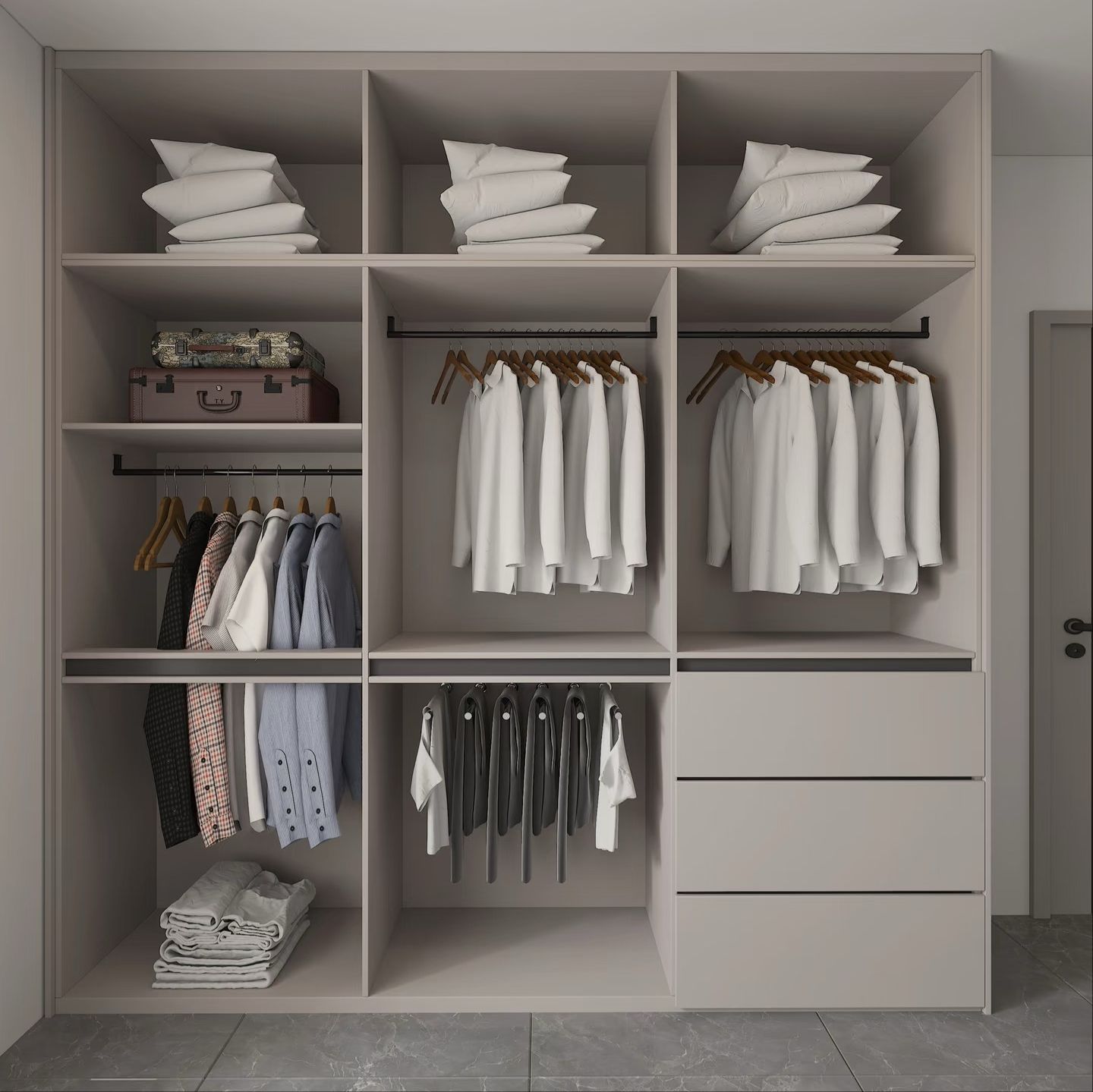 modern wardrobe with 3 drawers layout