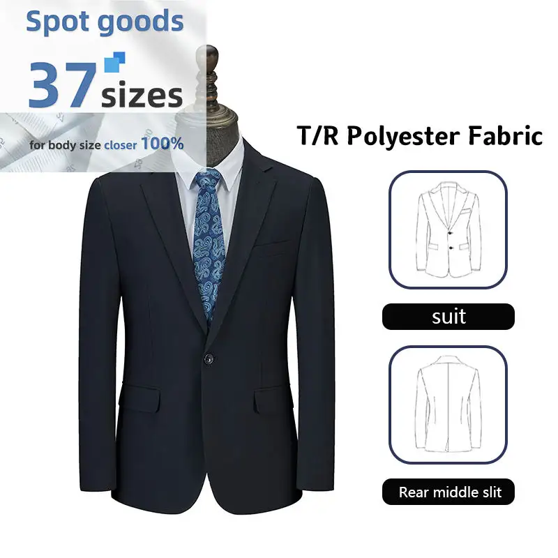 MY1032 TR Chaqueta de poliéster azul marino oscuro para hombre, de un solo botón, tipo blazer de traje formal de negocios. 1