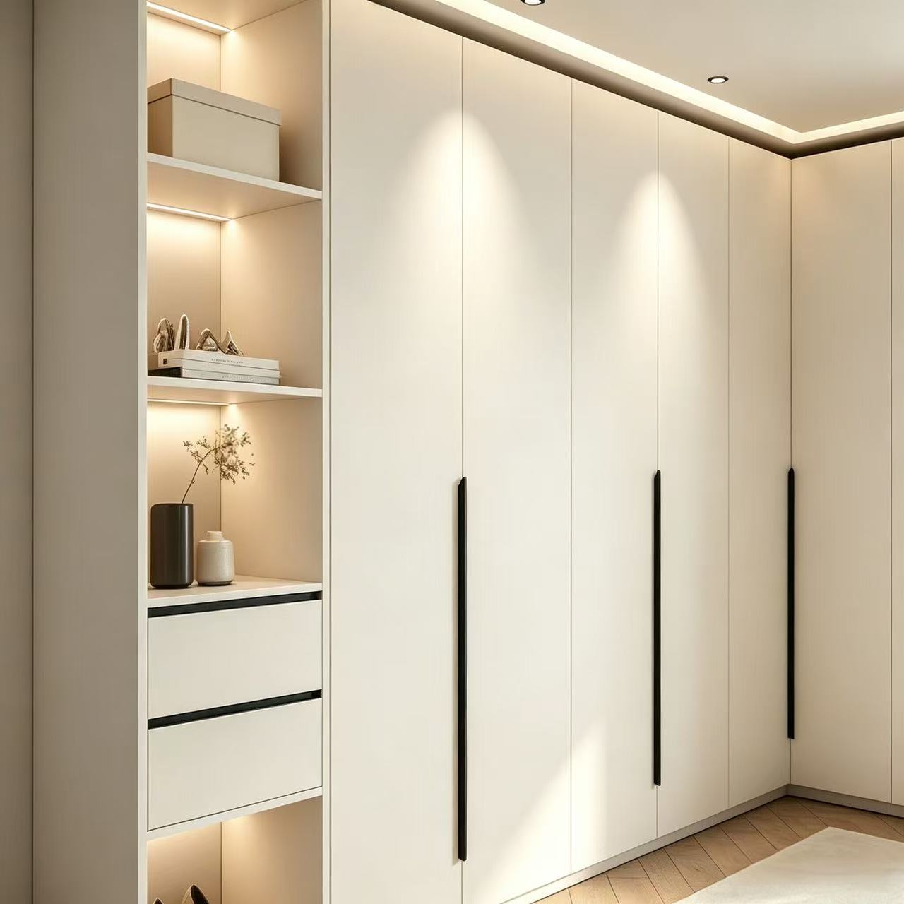 L-shaped white melamine wardrobe with open shelves