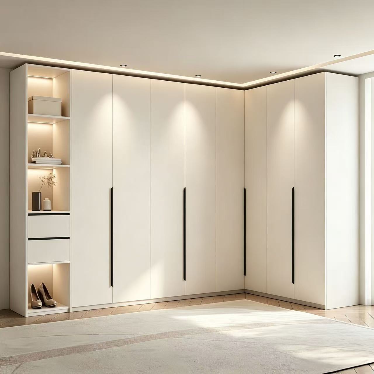 L-shaped white melamine wardrobe