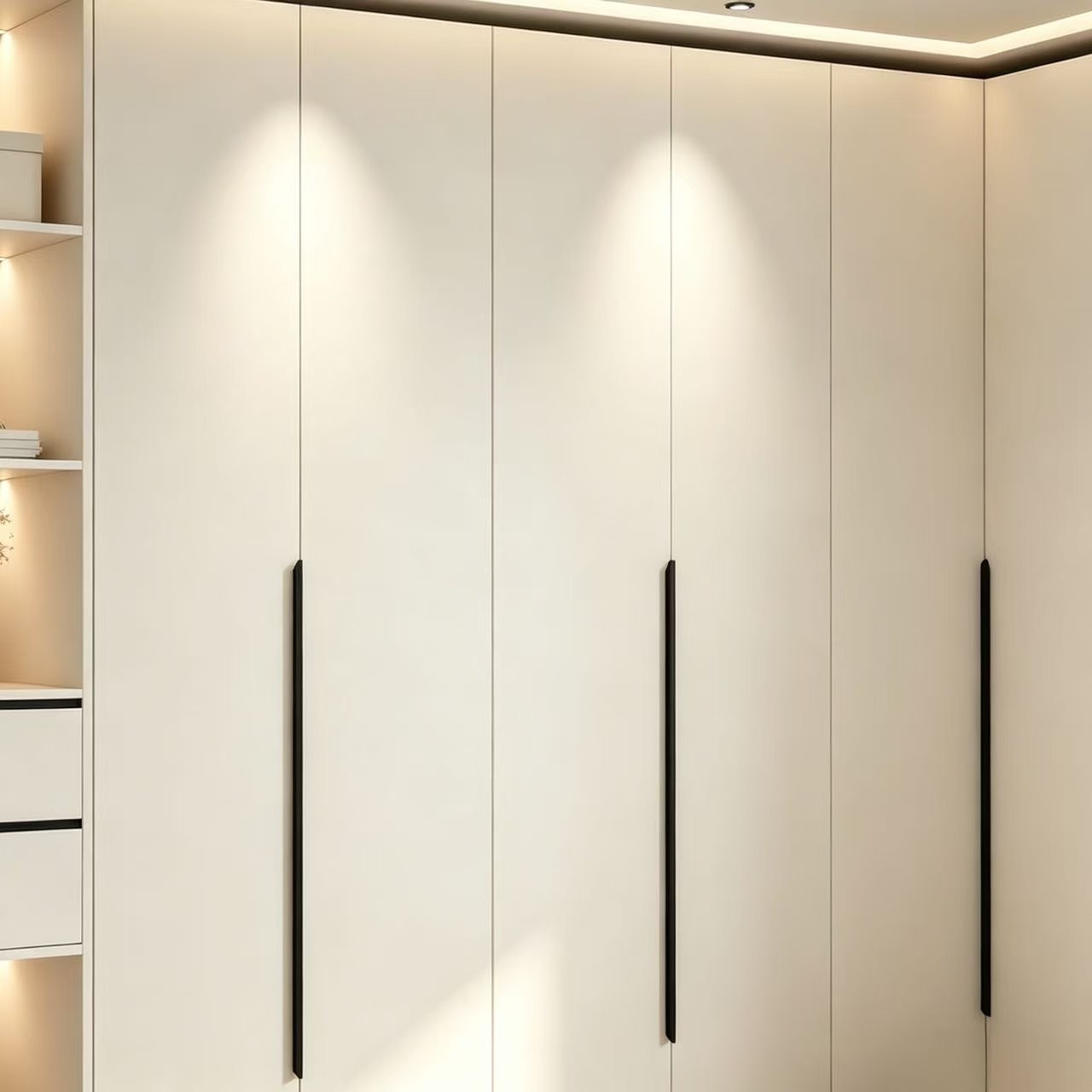 L-shaped white melamine wardrobe flush door