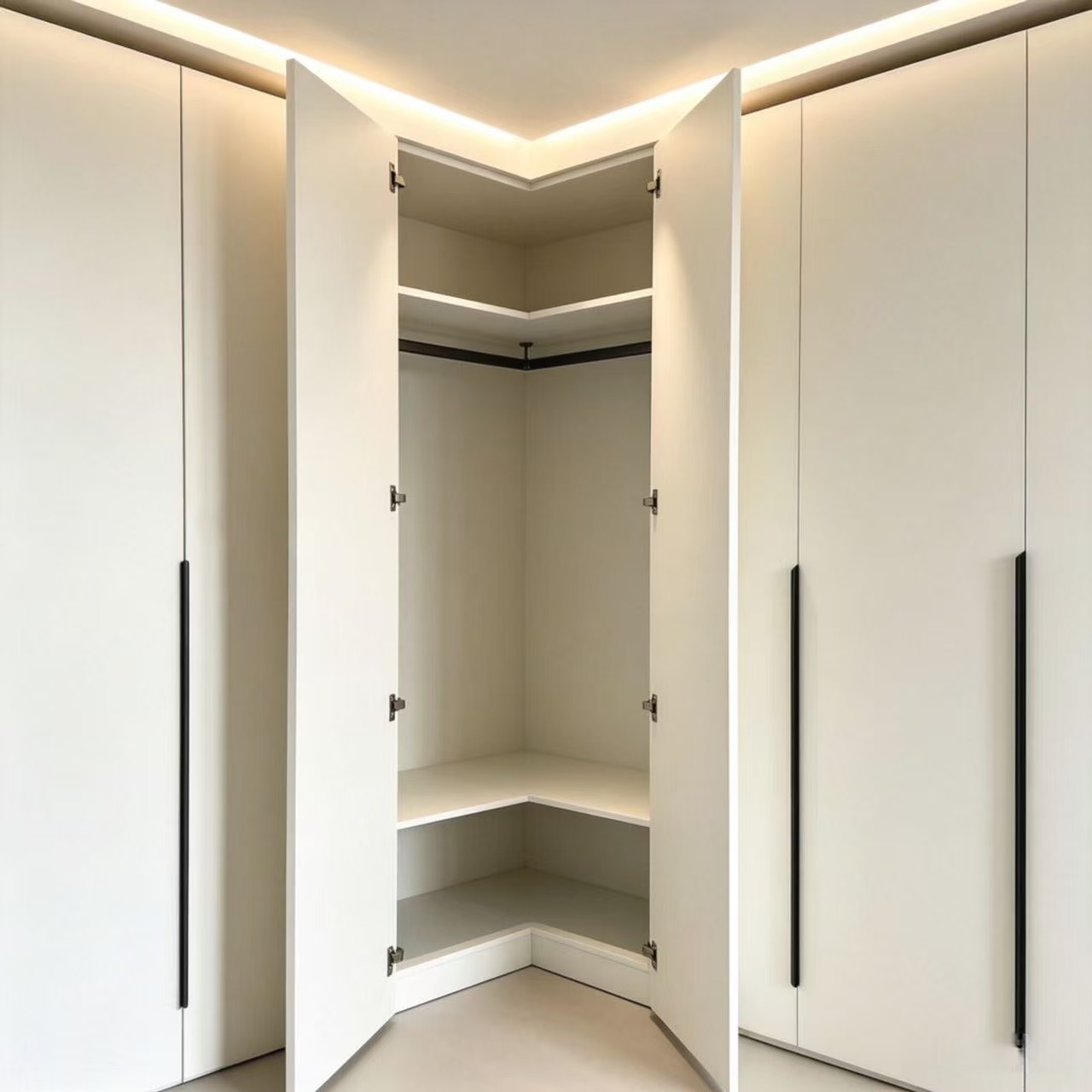 no post corner L-shaped white melamine wardrobe 