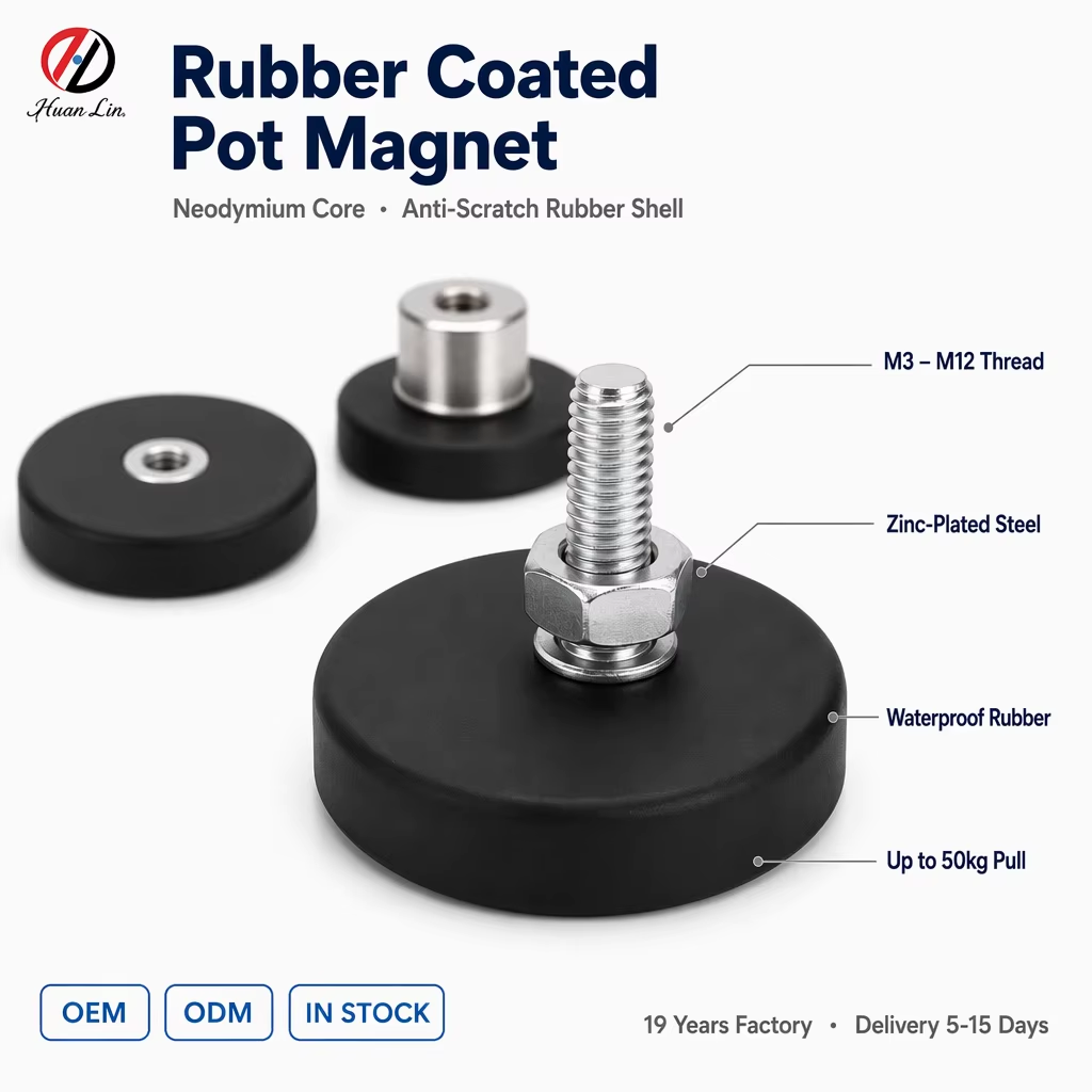 rubber coated neodymium magnets, rubber covered pot magnets, threaded rubber magnet, strong mounting magnet, 60kg pull force rubber magnet, neodymium pot magnet with rubber coating