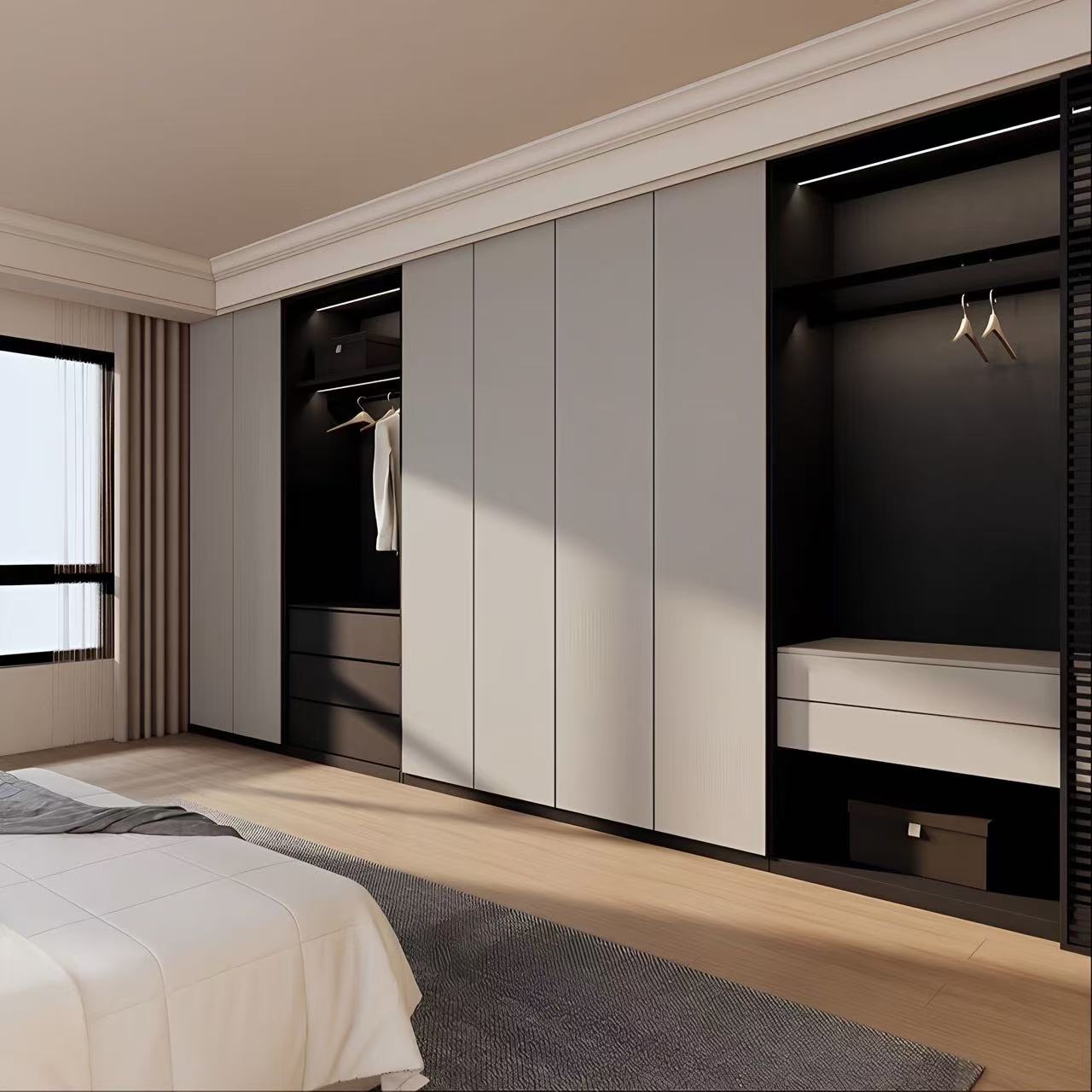 modern wardrobe with hanging areas, drawers and led lighting