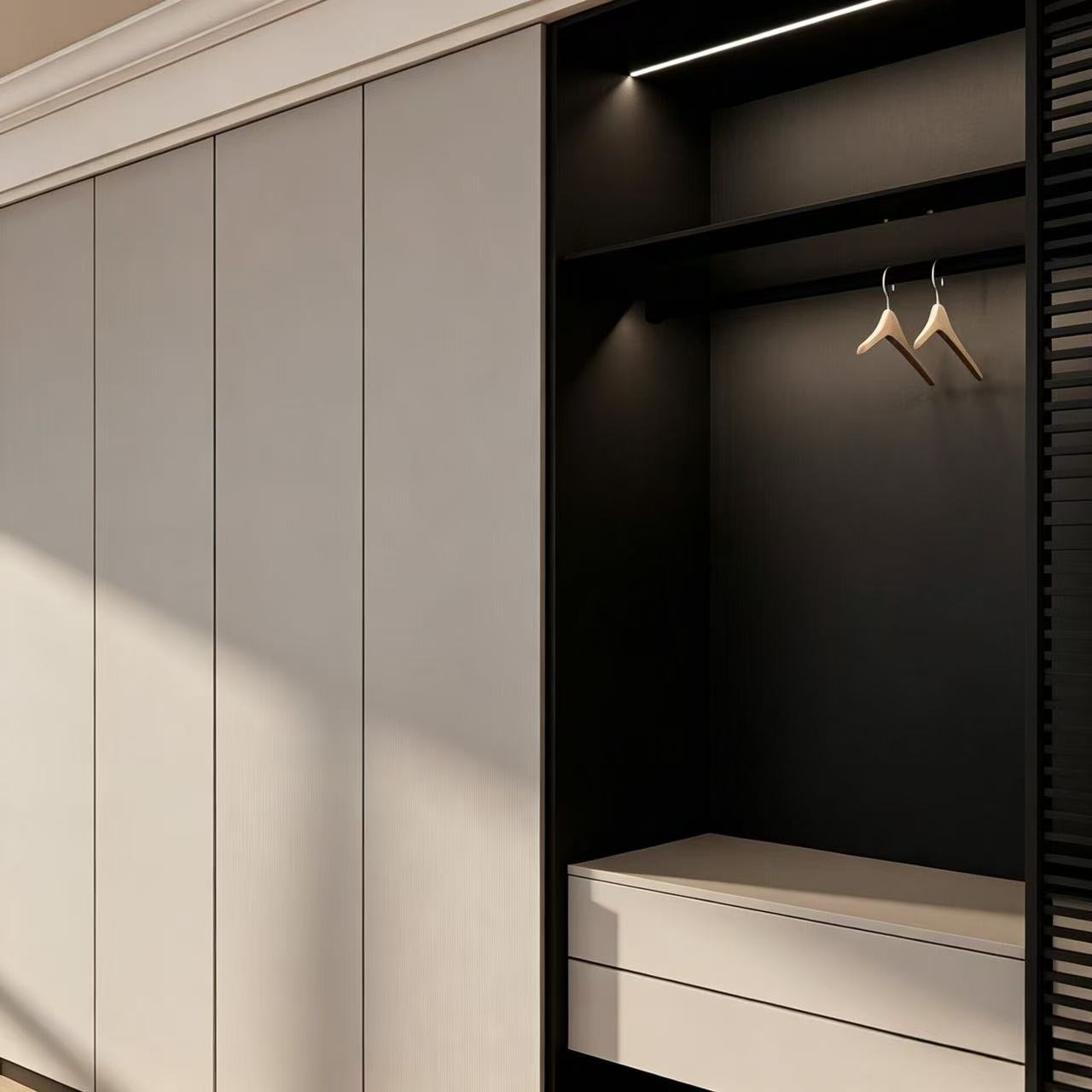 hanging areas and flat doors of modern wardrobe