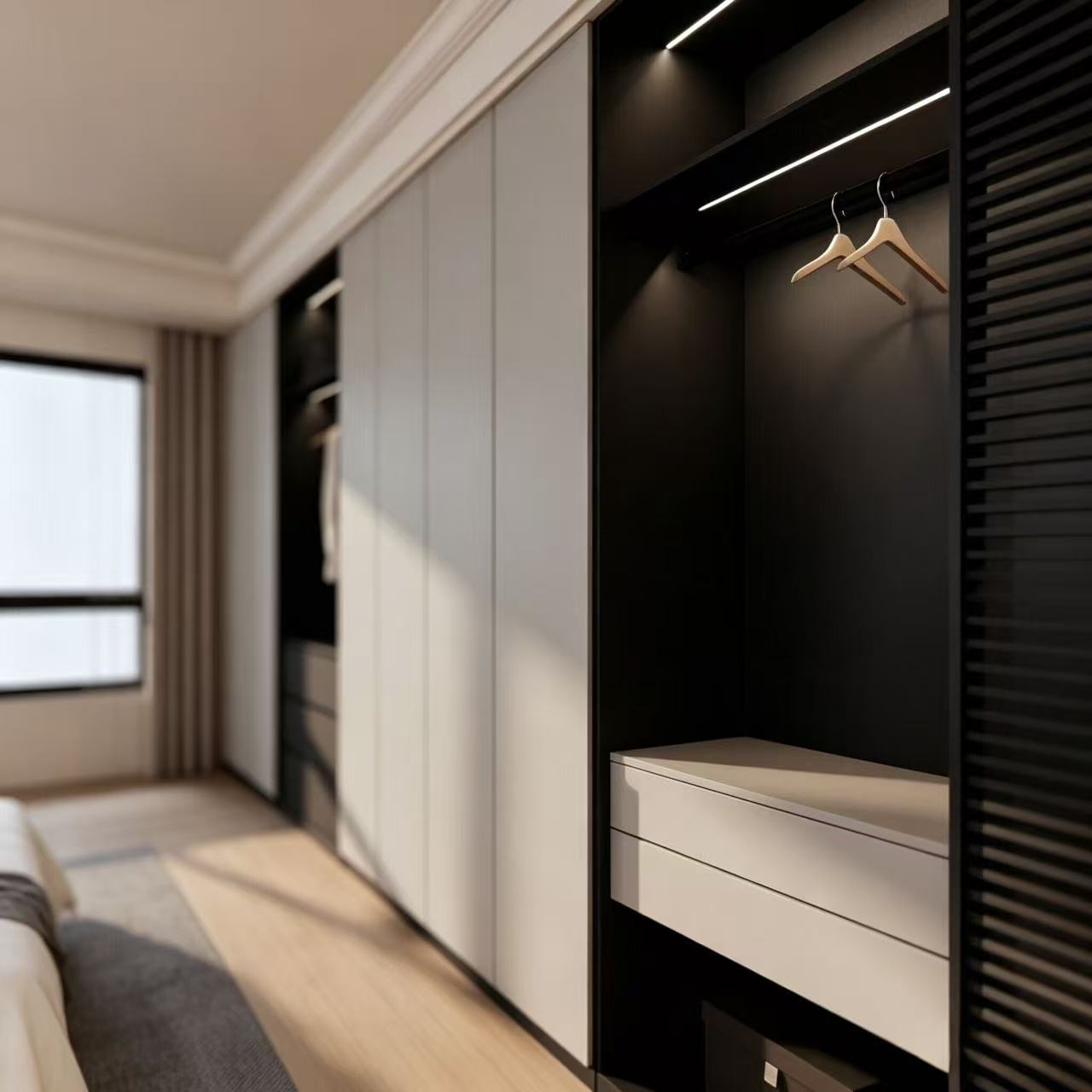 modern wardrobe with hanging areas side view
