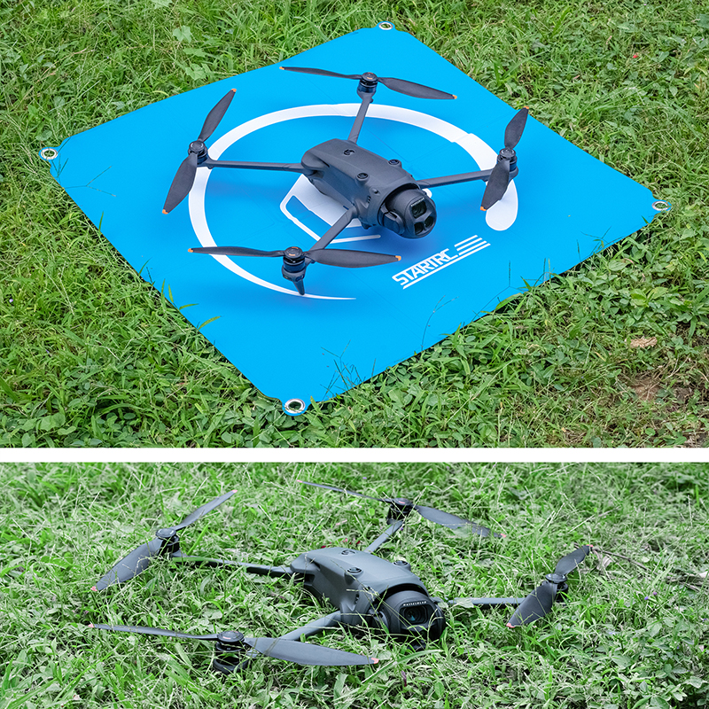 Drone landing pad used on grass with ground stakes