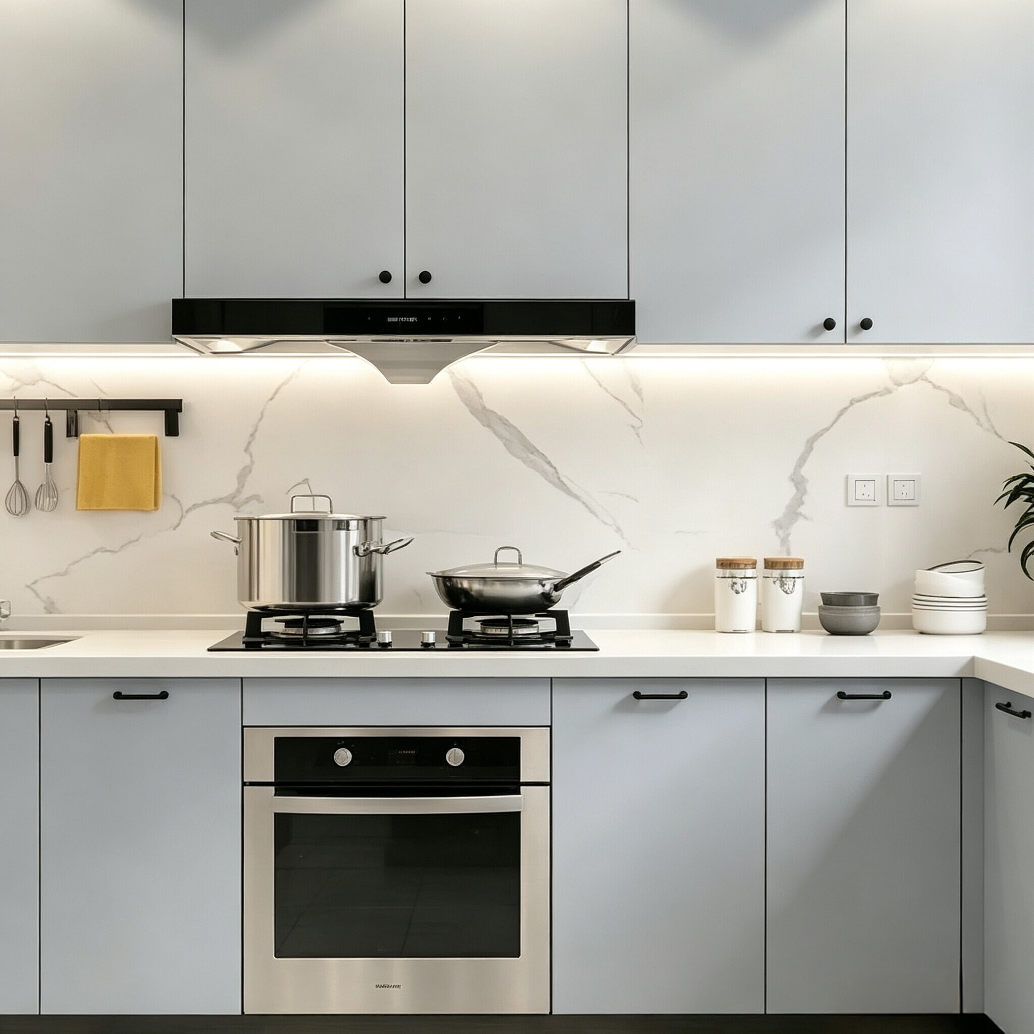 Armarios de pared y base de cocina de laca azul polvoriento