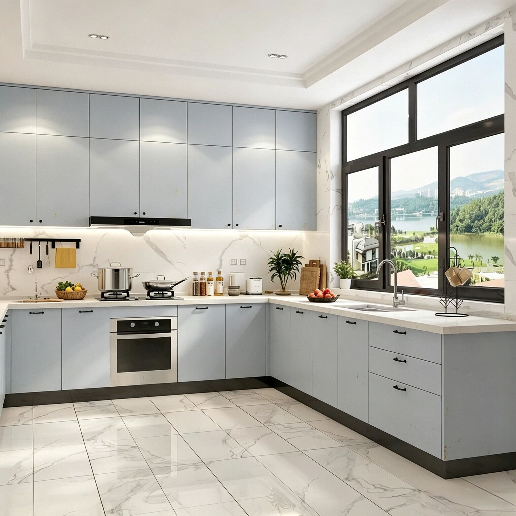 Gabinete de cocina de laca azul polvoriento