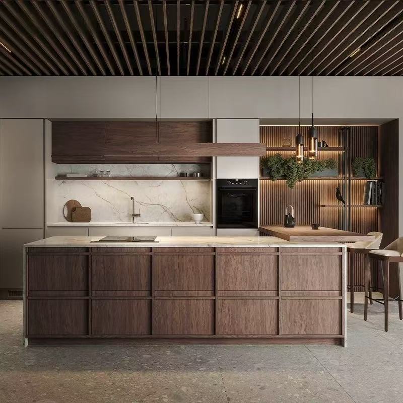 natural walnut wood veneer kitchen cabinet with raised-line doors