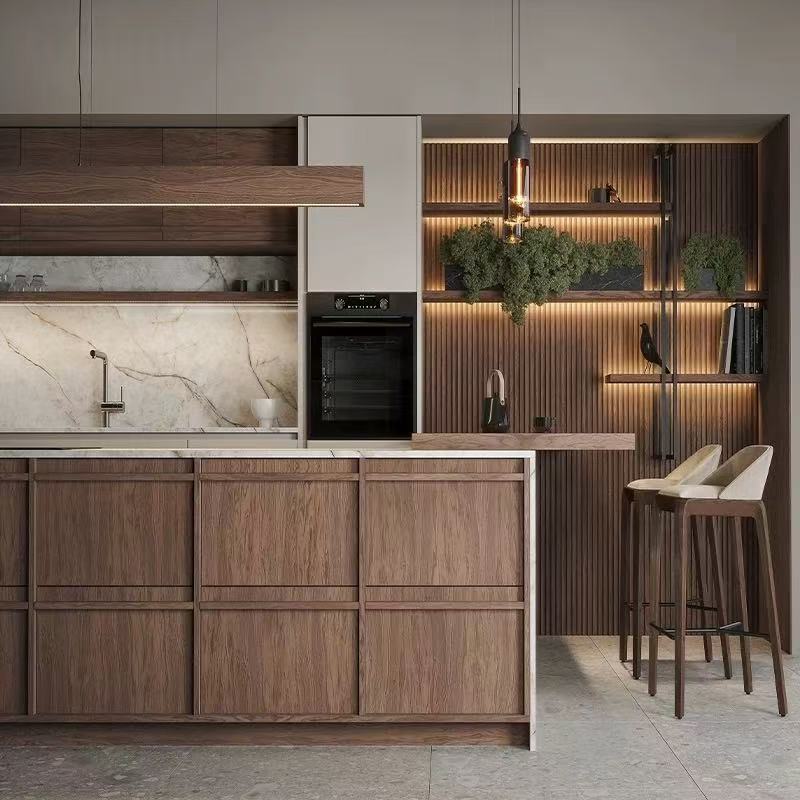 natural walnut wood veneer kitchen cabinet with island