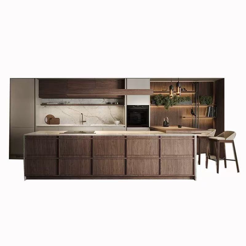 two-tone natural walnut wood veneer kitchen cabinet 
