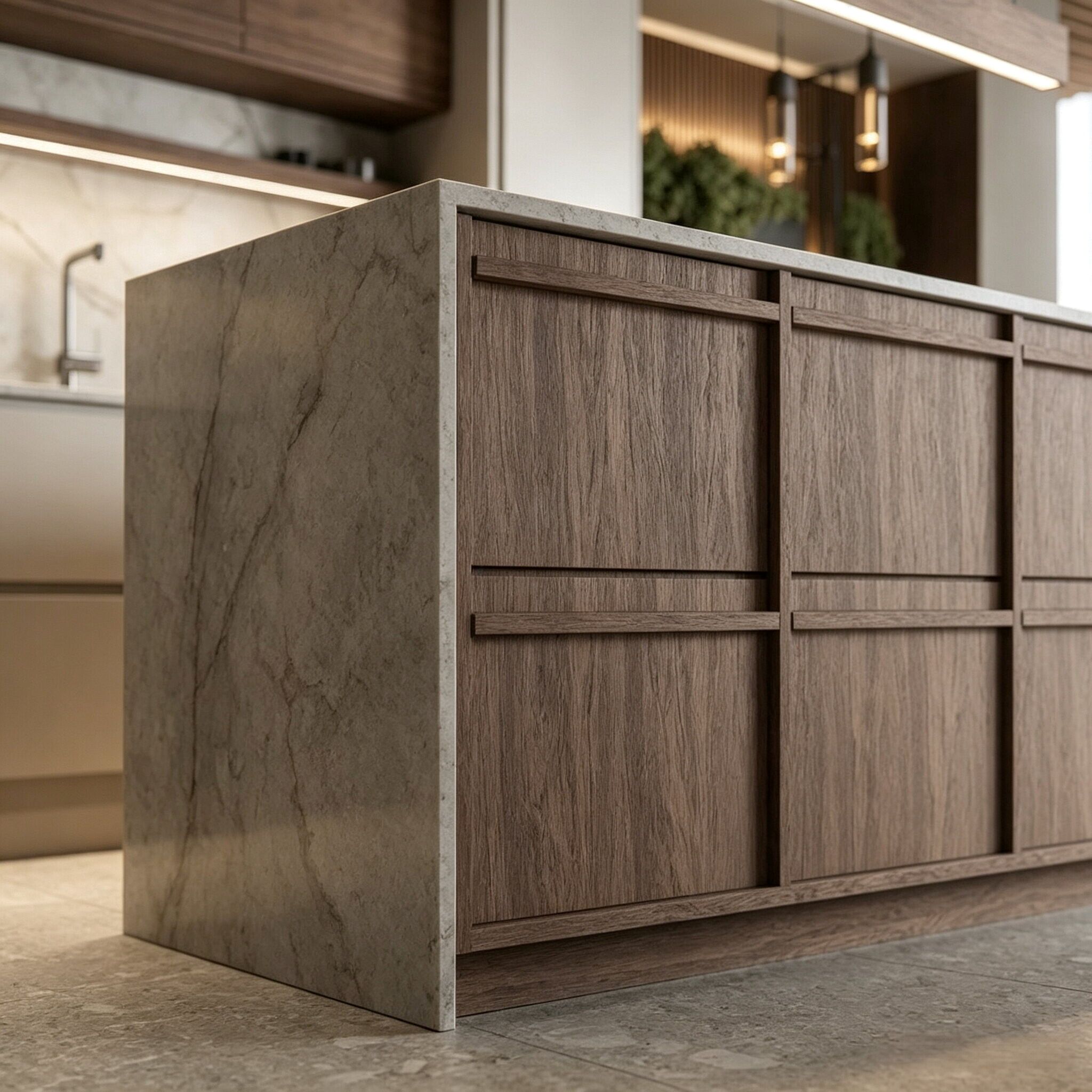 natural walnut wood veneer kitchen cabinet, island with raised lines