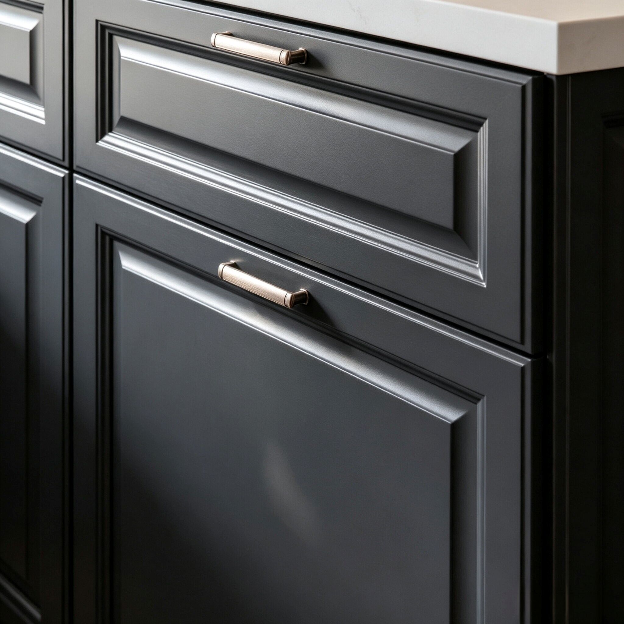 matte black painted kitchen cabinet with raised-and-recessed profile