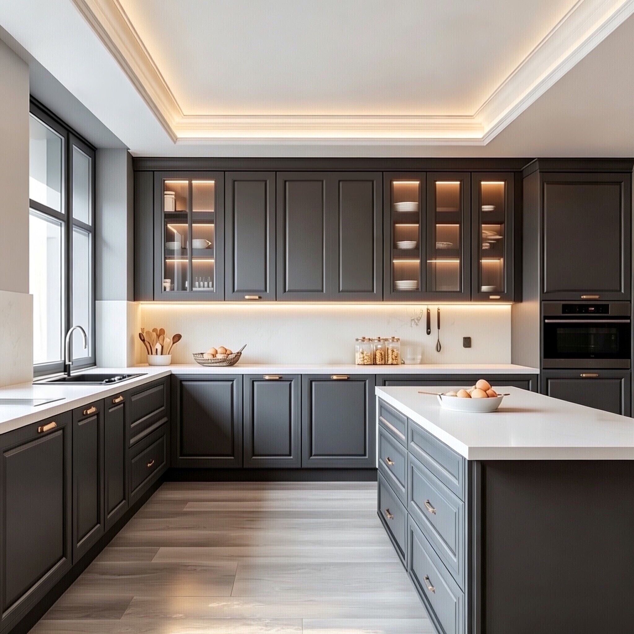 matte black painted kitchen cabinet with island