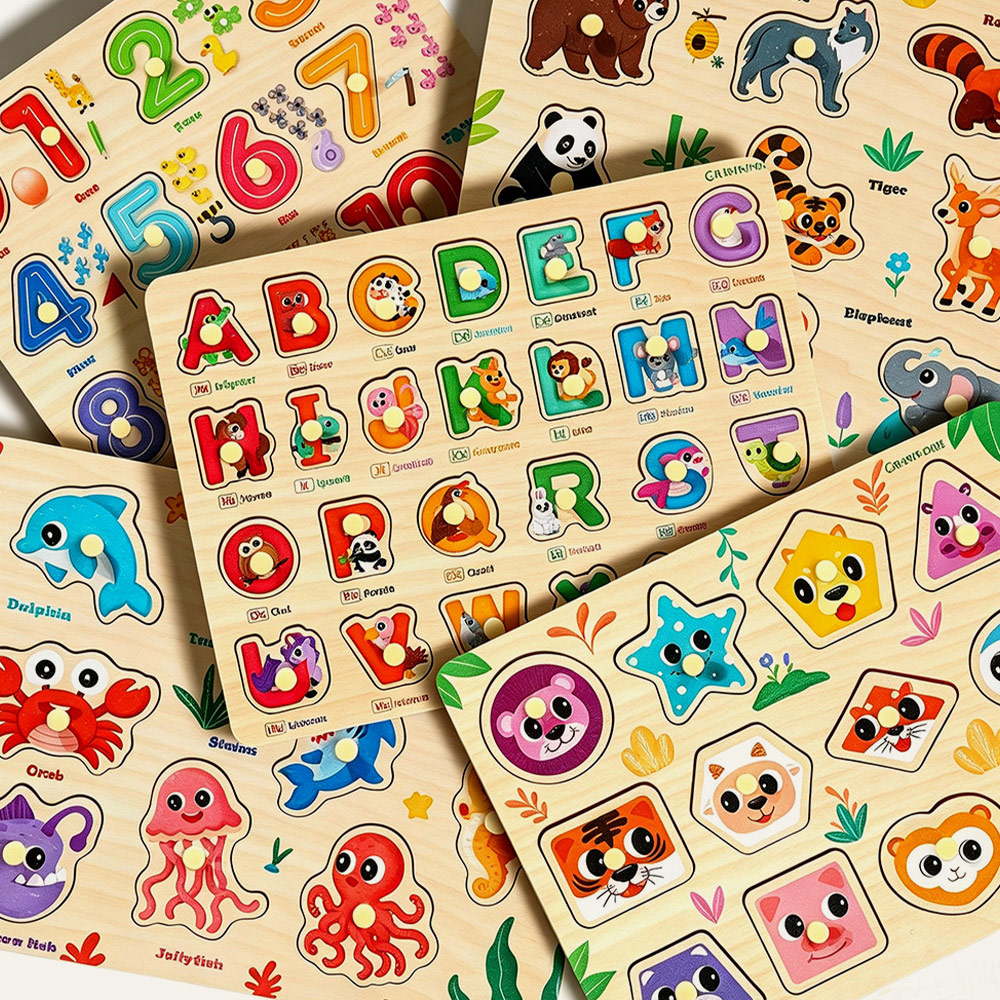 Puzzle Montessori in legno di faggio con pioli, giocattolo educativo per bambini piccoli che stimola la motricità fine, fornitore all'ingrosso. 4