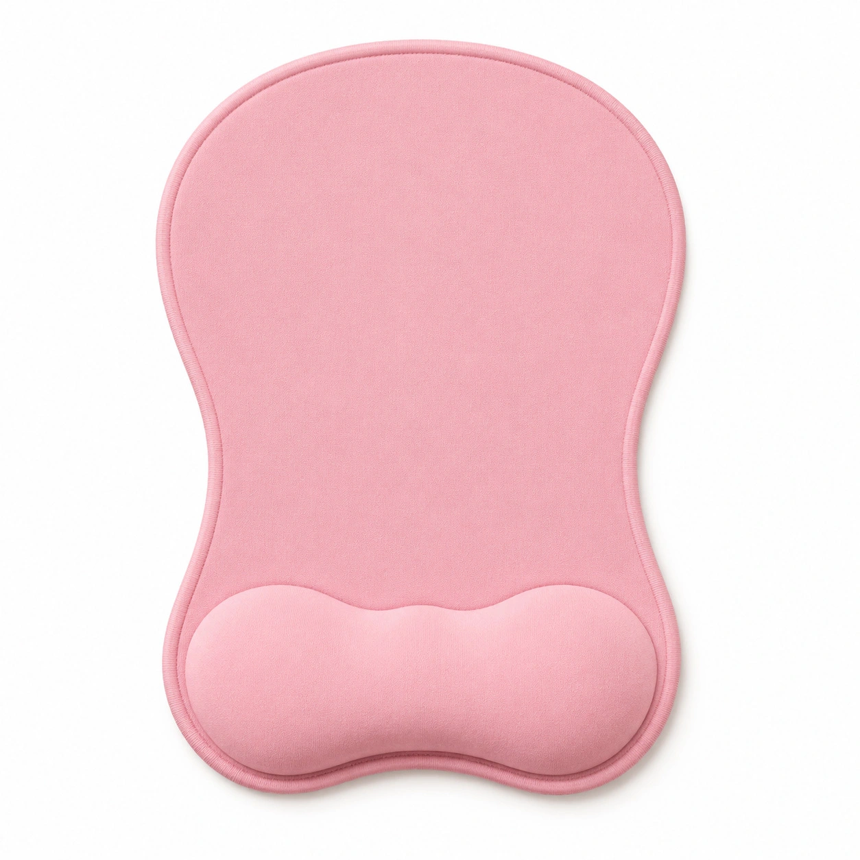 Pink ergonomic mouse pad with memory foam wrist rest, soft lycra surface, stitched edge, non slip rubber base, office computer wrist support mouse mat