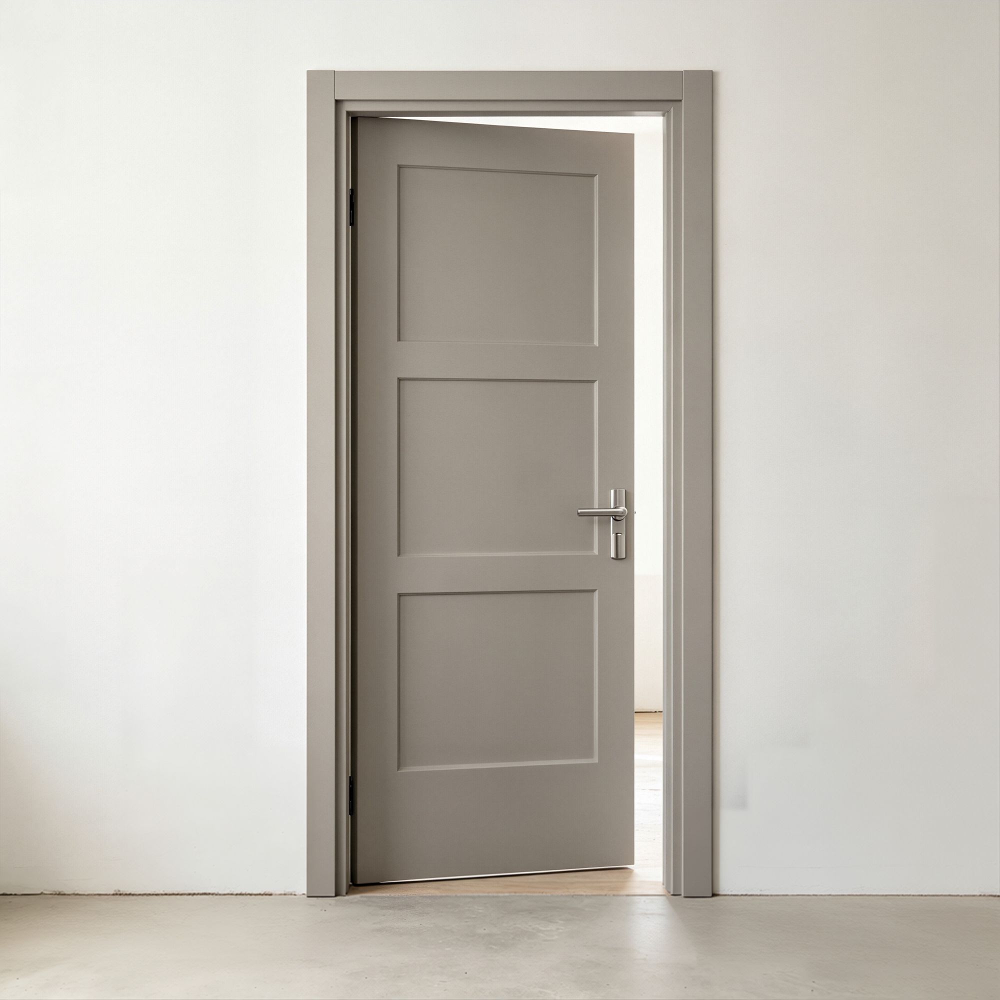 gray painted interior door with 3 shaker panels