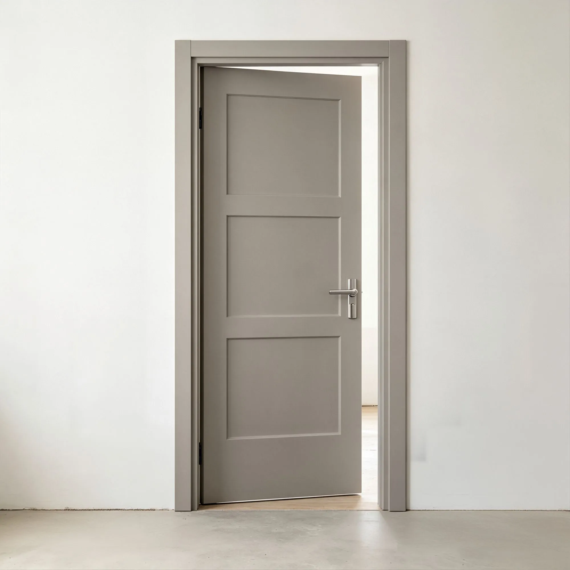 gray painted interior door with 3 shaker panels 