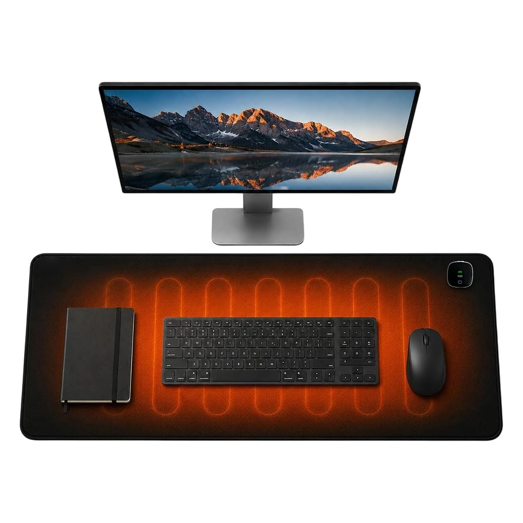 Large heated desk mat on office desktop, full surface heating electric heating table pad for keyboard and mouse, winter hand warmer desk pad