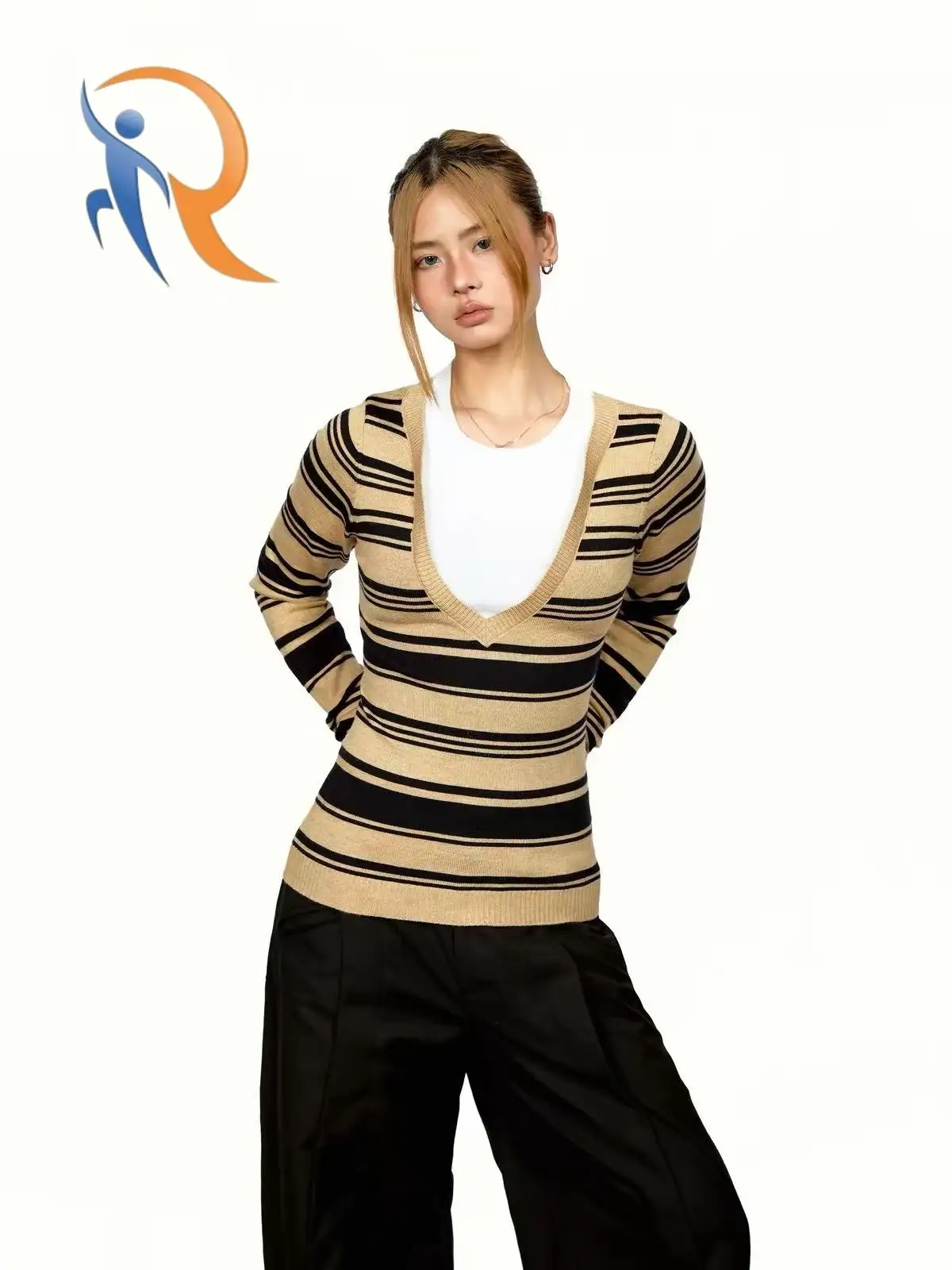 Striped spliced slim-fit long-sleeve top 1