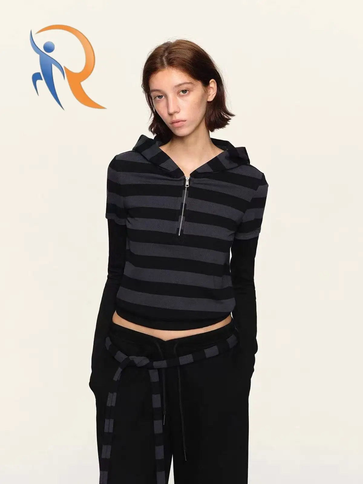Dark blue-gray striped faux-layered color-block top 1
