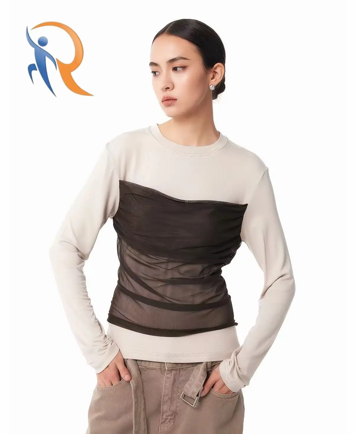 Vintage color-block spliced long-sleeve top 1