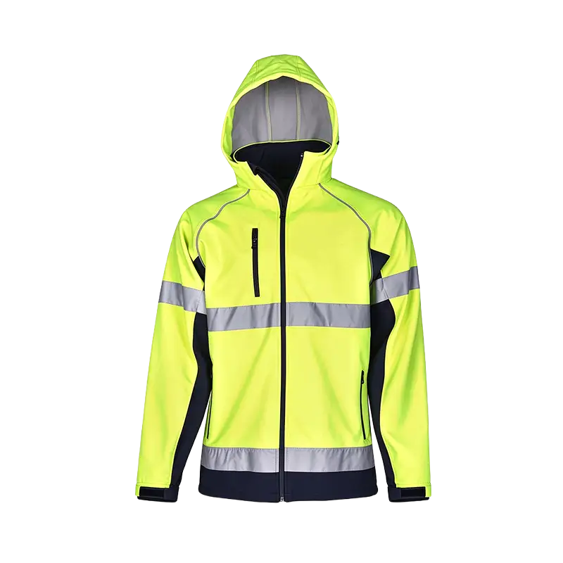 Sicherheitsjacke mit Kapuze und gut sichtbarem, reflektierendem Band für den Außenbereich auf Baustellen 1
