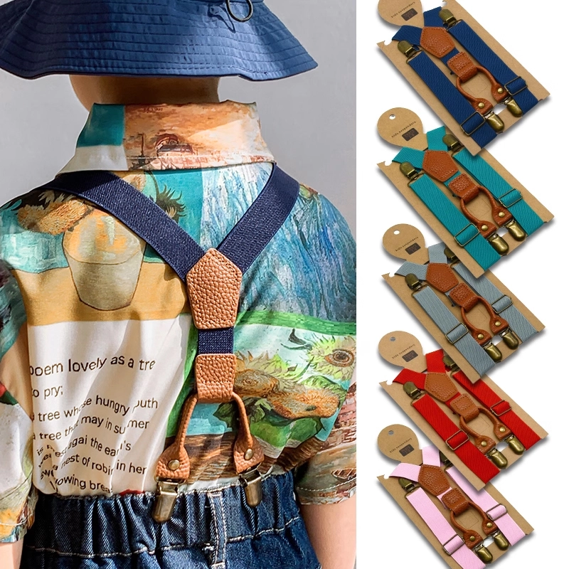 Kids Adjustable Suspenders, Y Back Elastic Toddler Suspenders with Faux Leather Patch, Strong Metal Clips for Boys Girls 1