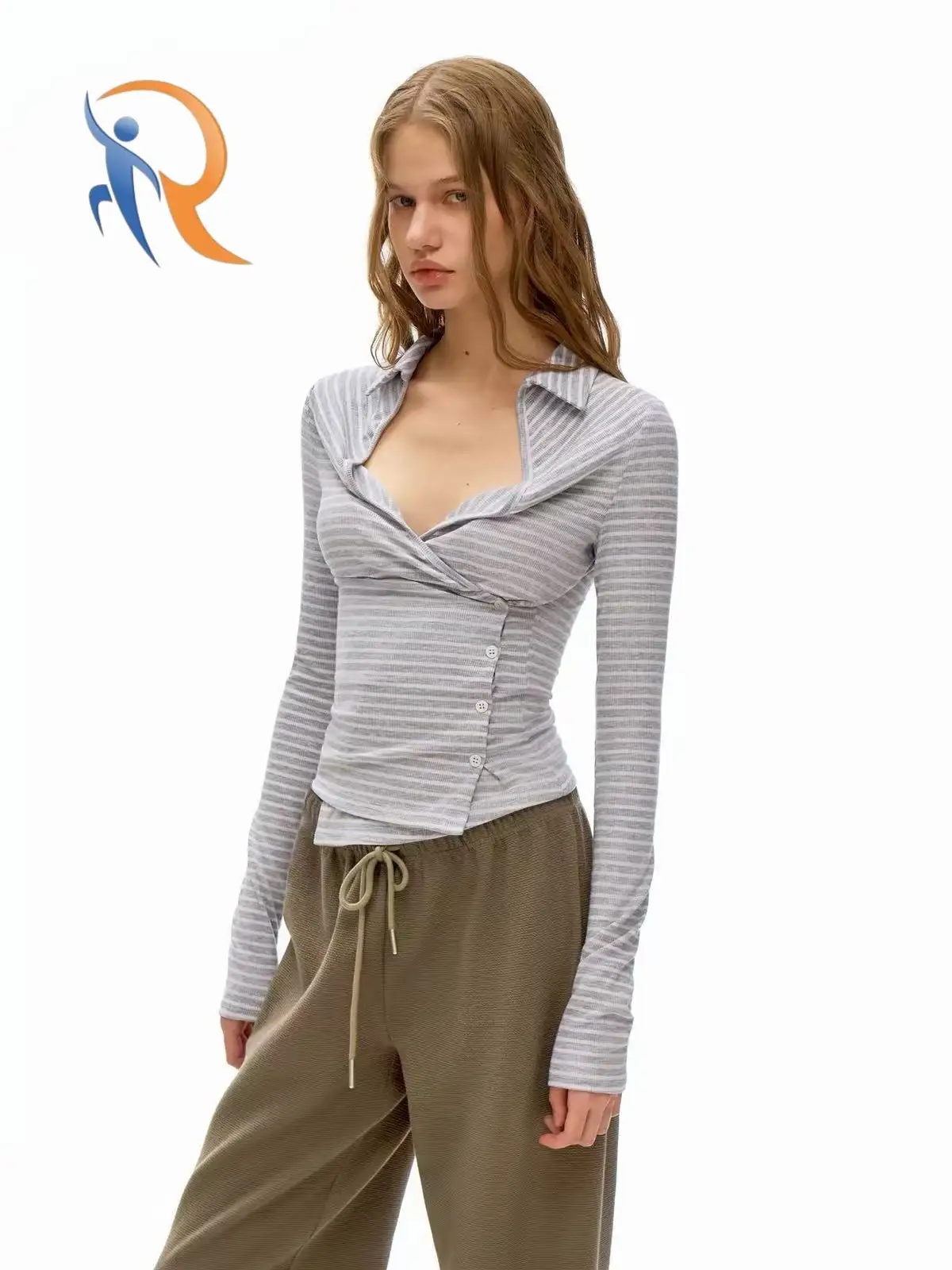 Shirt-collar irregular button slim-fit T-shirt 1
