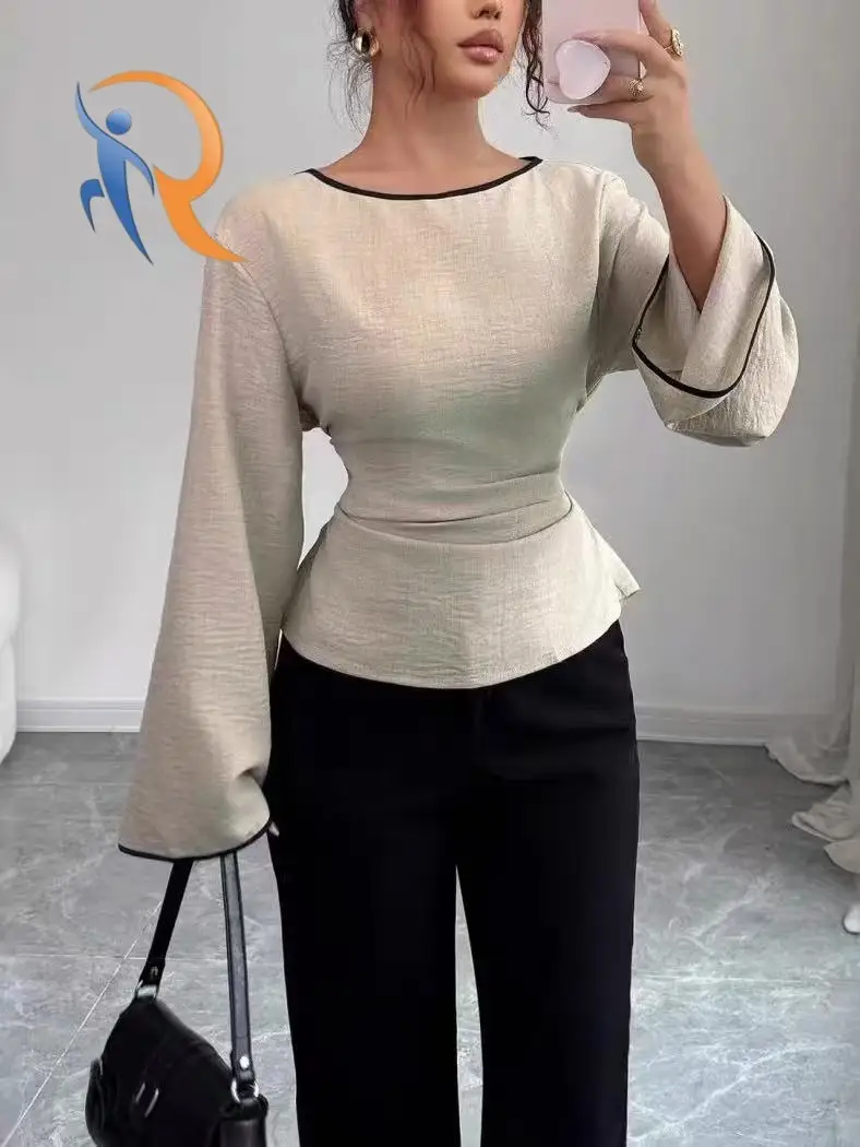 Fashionable casual waist-cinching flared-sleeve long-sleeve top 1