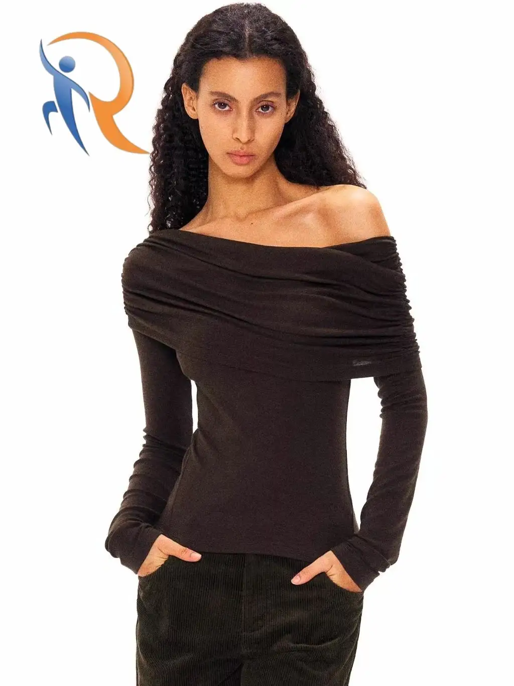 Off-shoulder asymmetric design long-sleeve top 1