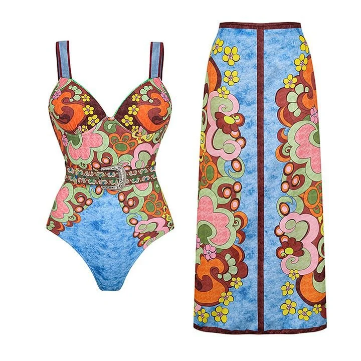 XCXY-8861 Bedruckter, figurformender Badeanzug mit Wickelrock und Überwurf für Damen 1