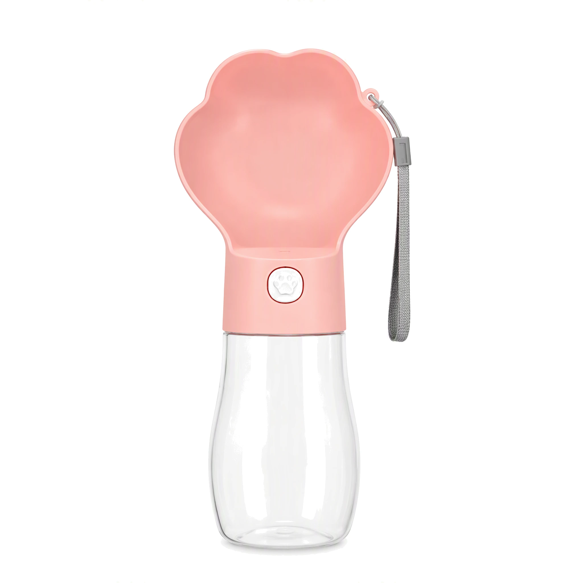 ROADREIGN Paw-Shaped Pet Water Bottle for Walks — 400 / 580 ml Travel Dog Bottle with Press-to-Fill Trough, Clear Body, Food Cup, Candy Pink / Cream Yellow 1