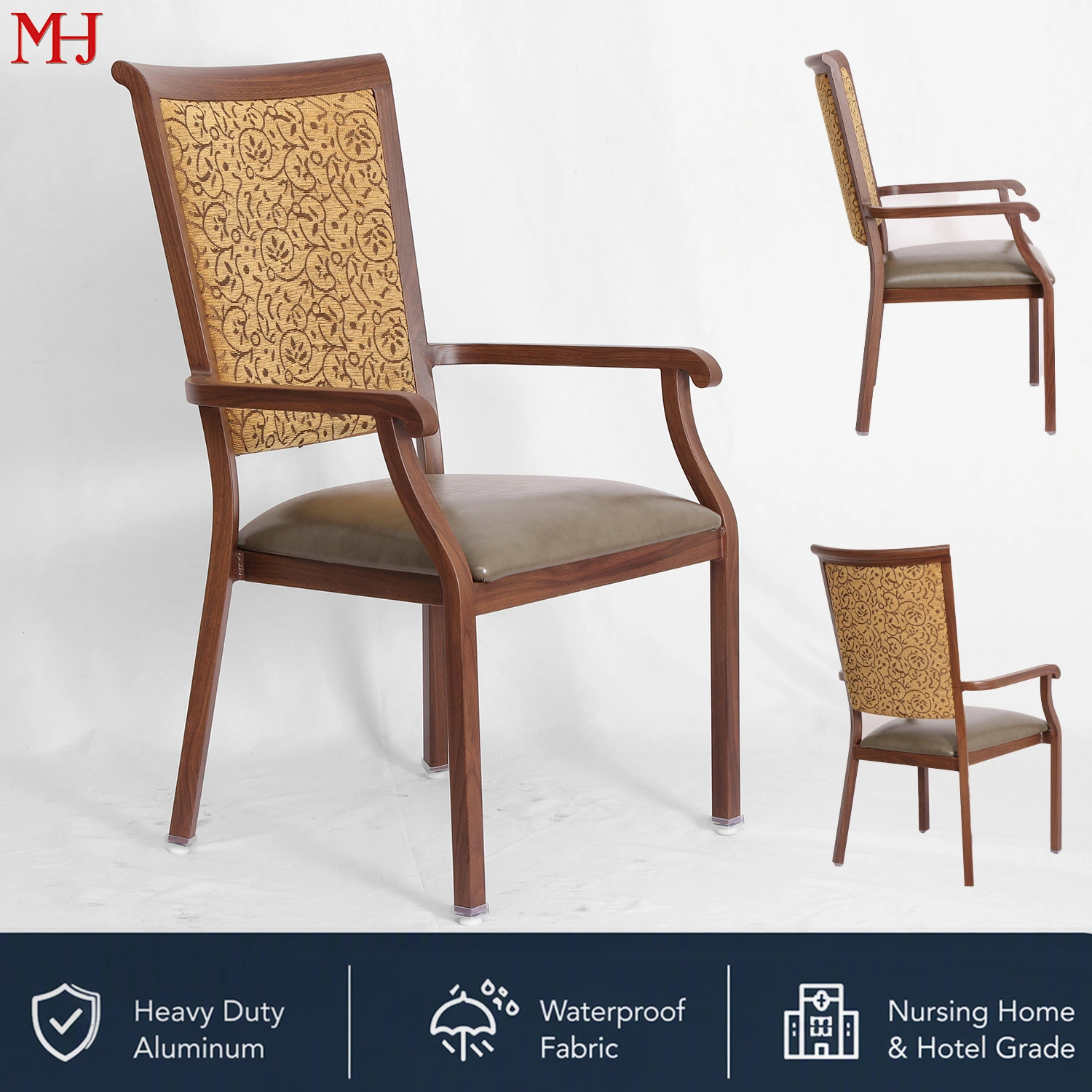 Fauteuil ergonomique robuste pour établissements de soins pour personnes âgées, restaurants d'hôtels, salles de réception ; revêtements et finitions personnalisés disponibles pour les commandes en gros. 1