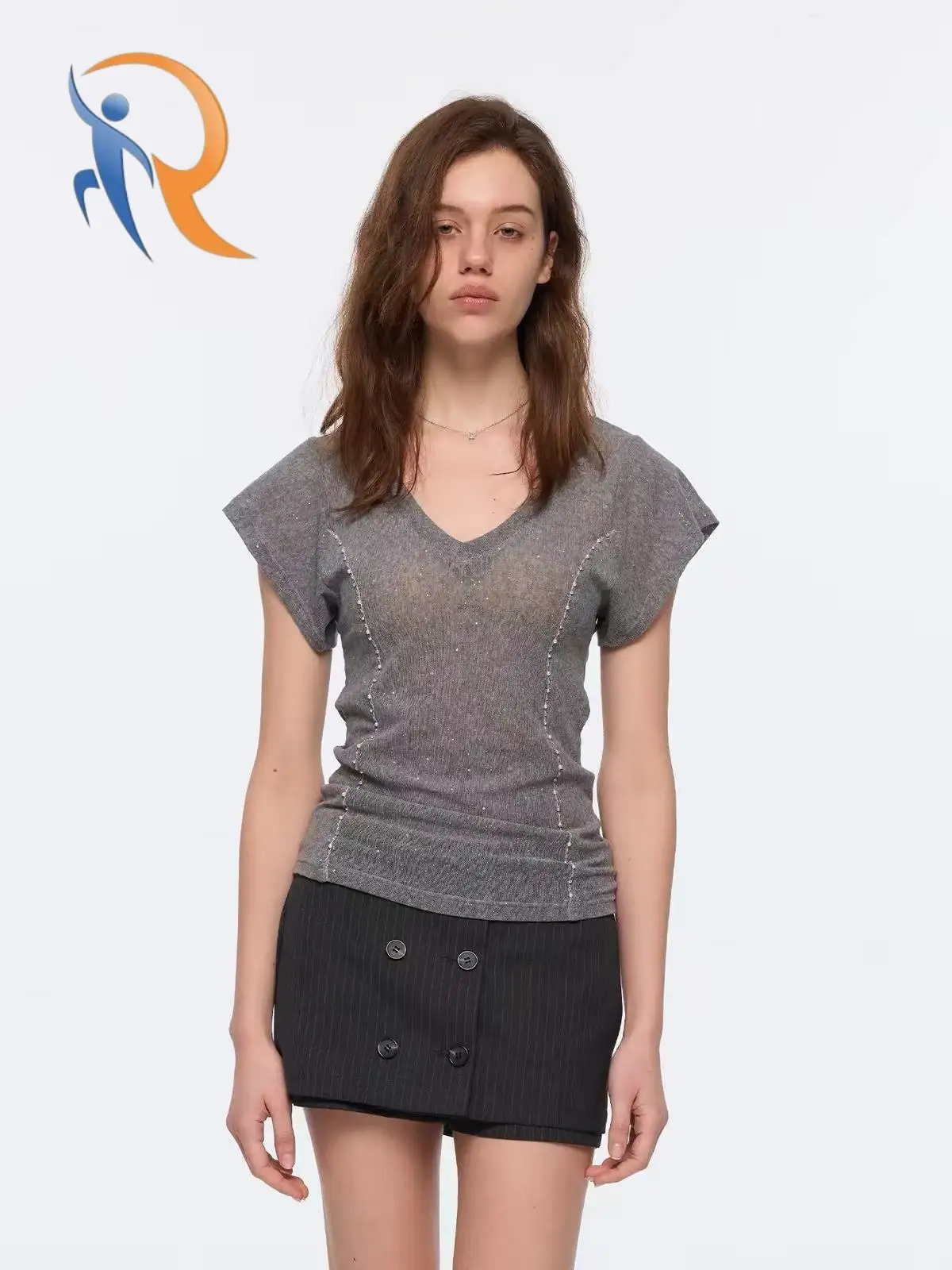 Spliced slimming V-neck short-sleeve T-shirt 1