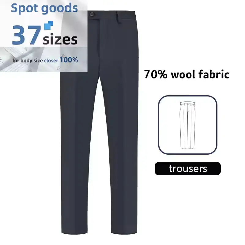 MK7005 Tailored Suit Factory 70% Wool Fabric Navy Blue Herringbone Pattern Men's Suit Trousers Business Dress Australian Merino Wool Suit Trousers 1