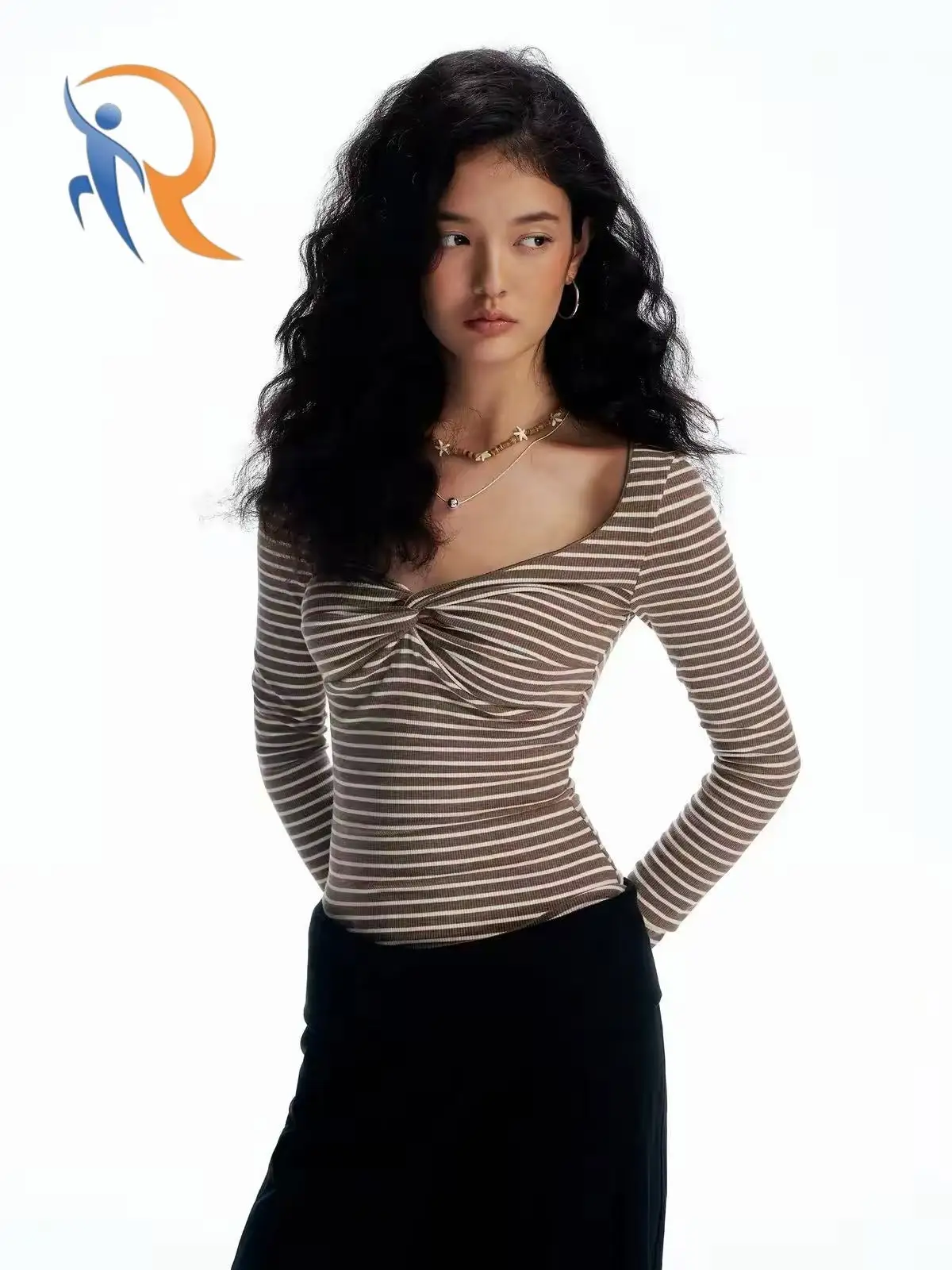 Brown striped V-neck slimming long-sleeve top 1