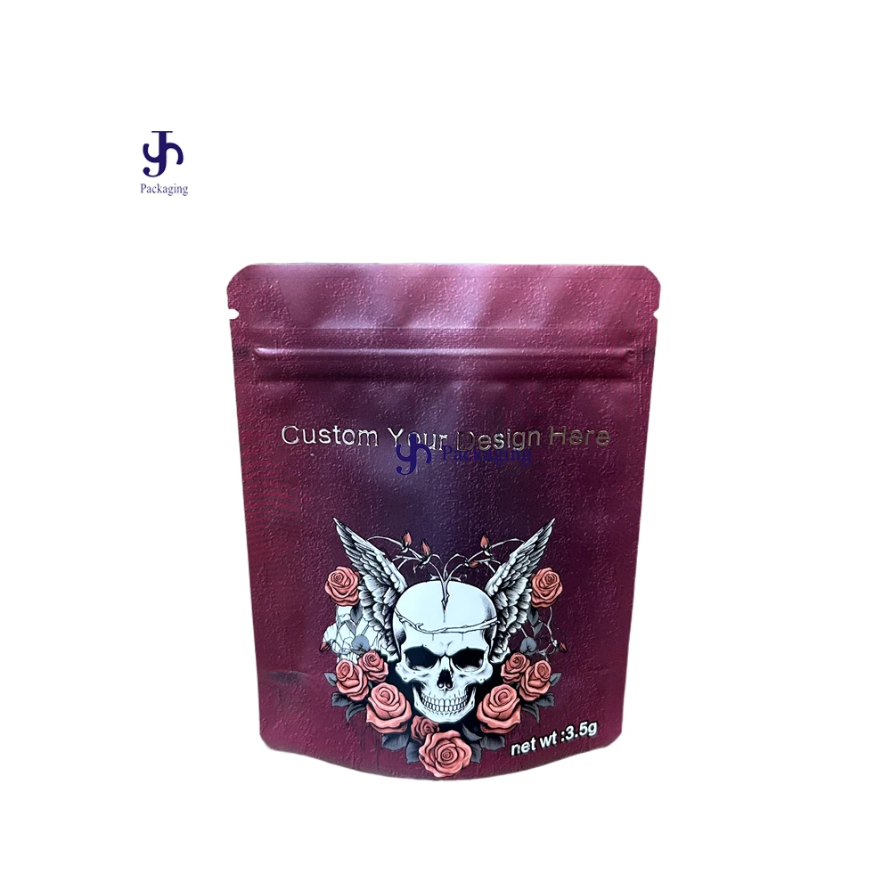 Kemasan Kantong Berdiri Holografik Tengkorak Kustom 3,5g | Kantong Mylar Ziplock yang Dapat Ditutup Kembali untuk Kemasan Makanan 1