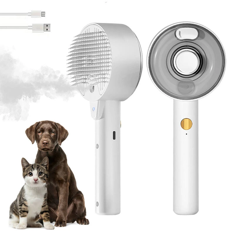 ROADREIGN-Spray Grooming Brush for Cats and Dogs — Round Pin Head with Built-in Water Tank, One-Press Hair Release, USB Port, White or Pink 1