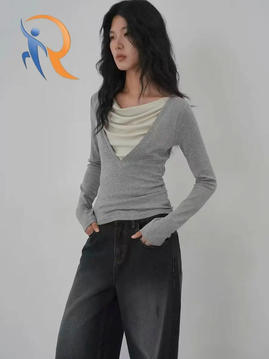 Faux-layered color-block slim-fit long-sleeve top 1