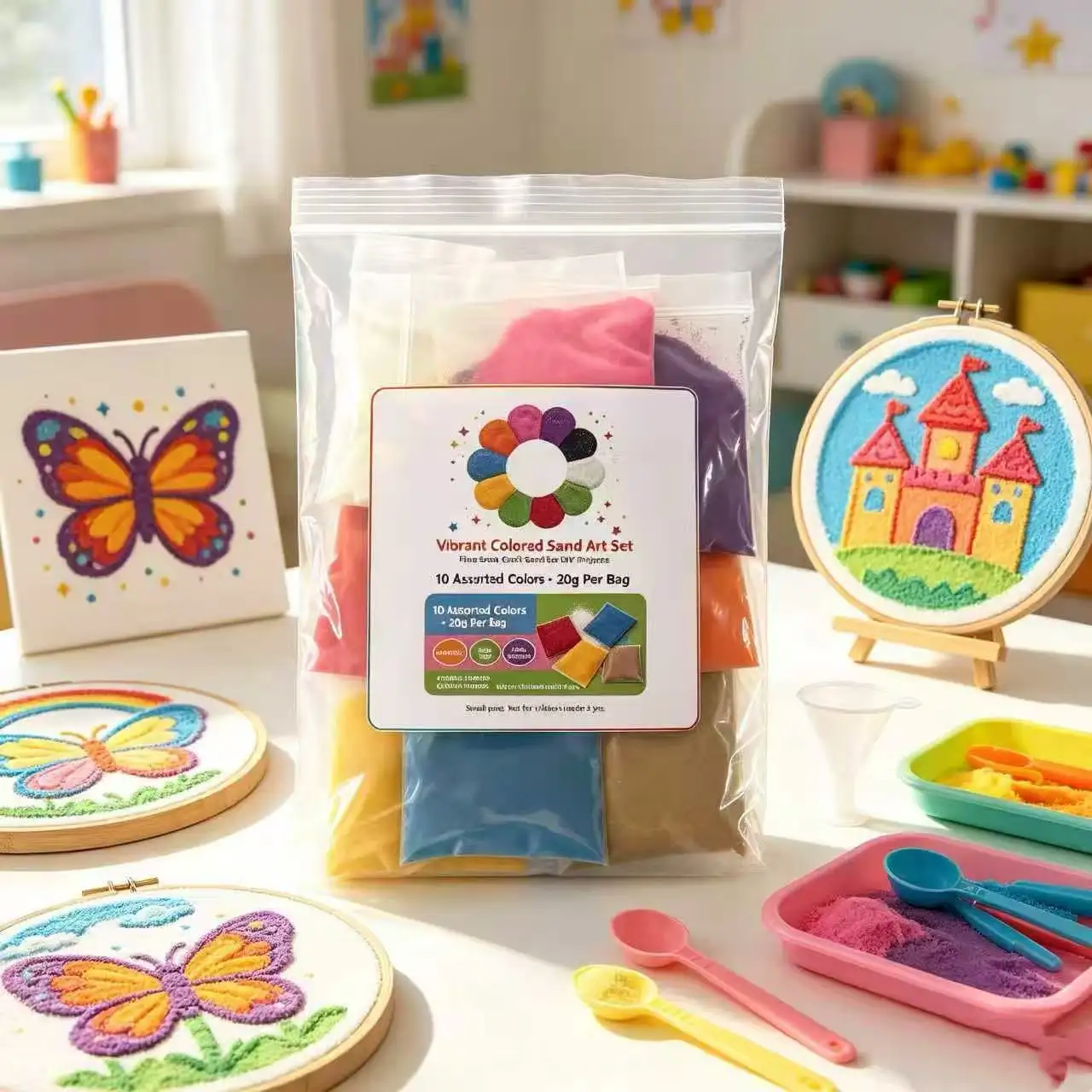 10 Colors Colored Sand Art Set, 20g Per Bag Glass Bead Craft Sand, Non-Toxic Fine Grain Sand for DIY Kids Art Projects 1