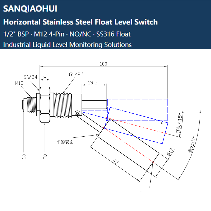 Stainless Steel Float Level Switch | 1/2 BSP M12 | SANQIAOHUI 5