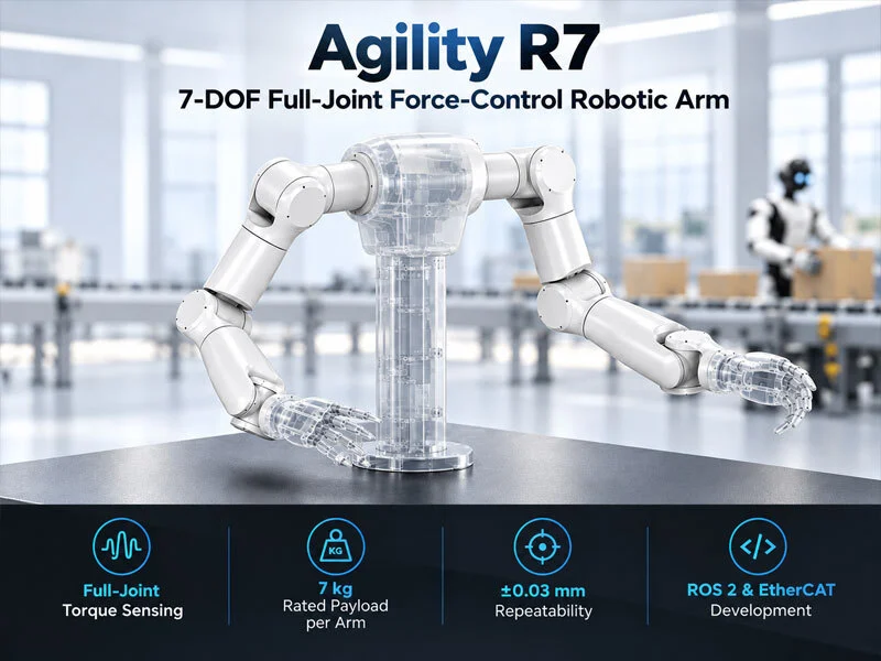 ذراع روبوتية Agility R7 ذات 7 درجات حرية للتحكم الكامل في القوة، مناسبة لأبحاث الروبوتات والتصنيع الصناعي والخدمات التجارية | حمولة 7 كجم، دقة تكرار ±0.03 مم، ونظام ROS 2 1