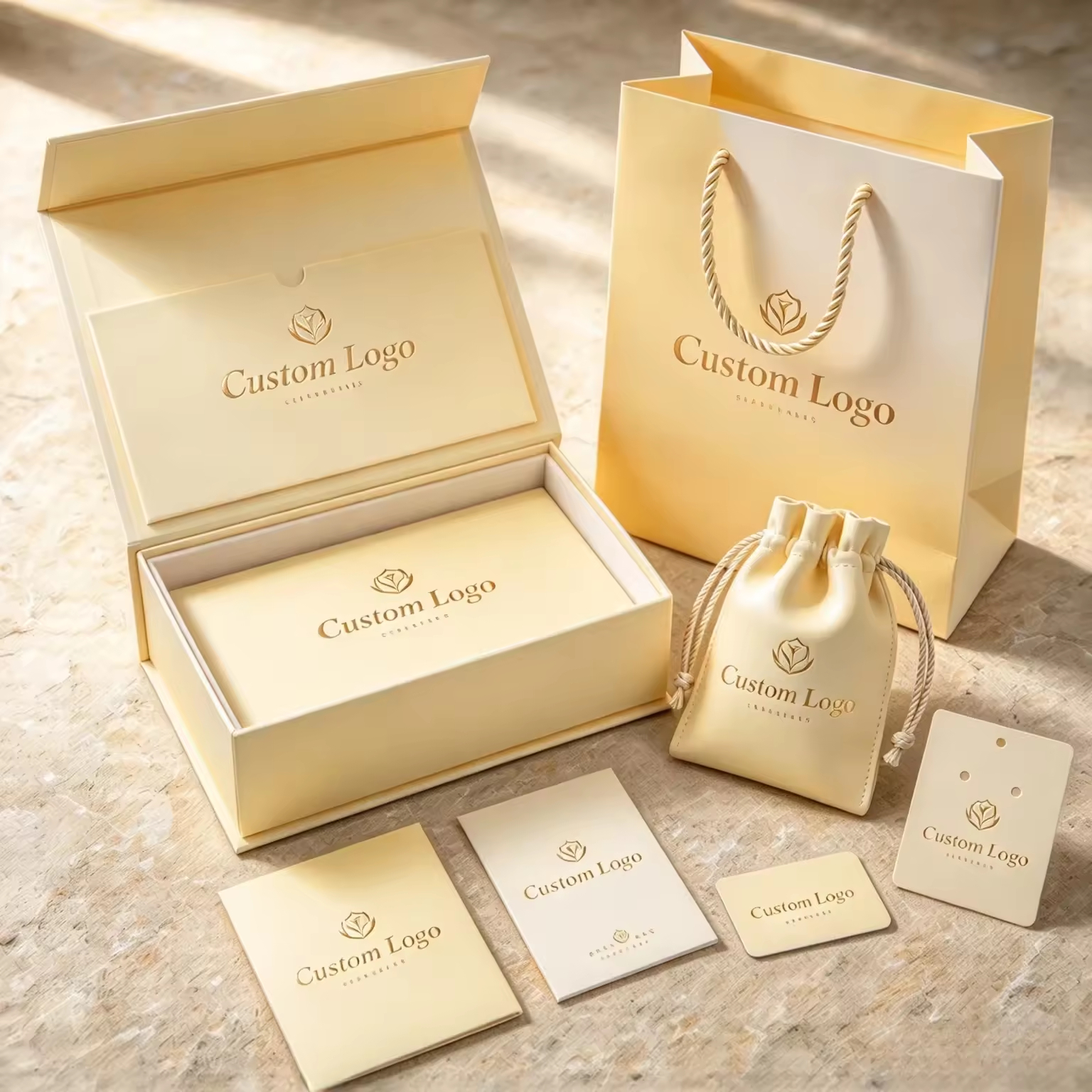 Luxury Custom Logo Magnetic Flip Rigid Jewelry Gift Box with Paper Bag, Pouch & Cards 1