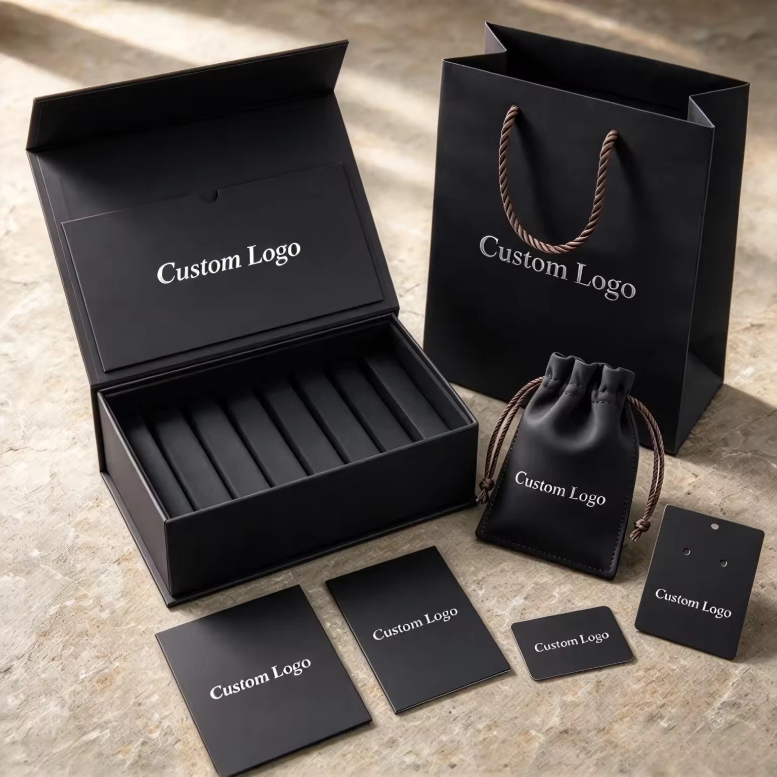 Luxury Custom Logo Magnetic Flip Rigid Jewelry Gift Box with Paper Bag, Pouch & Cards 4