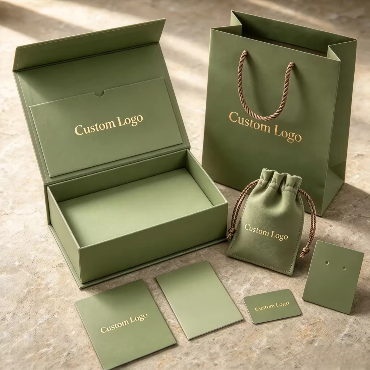 Luxury Custom Logo Magnetic Flip Rigid Jewelry Gift Box with Paper Bag, Pouch & Cards 3