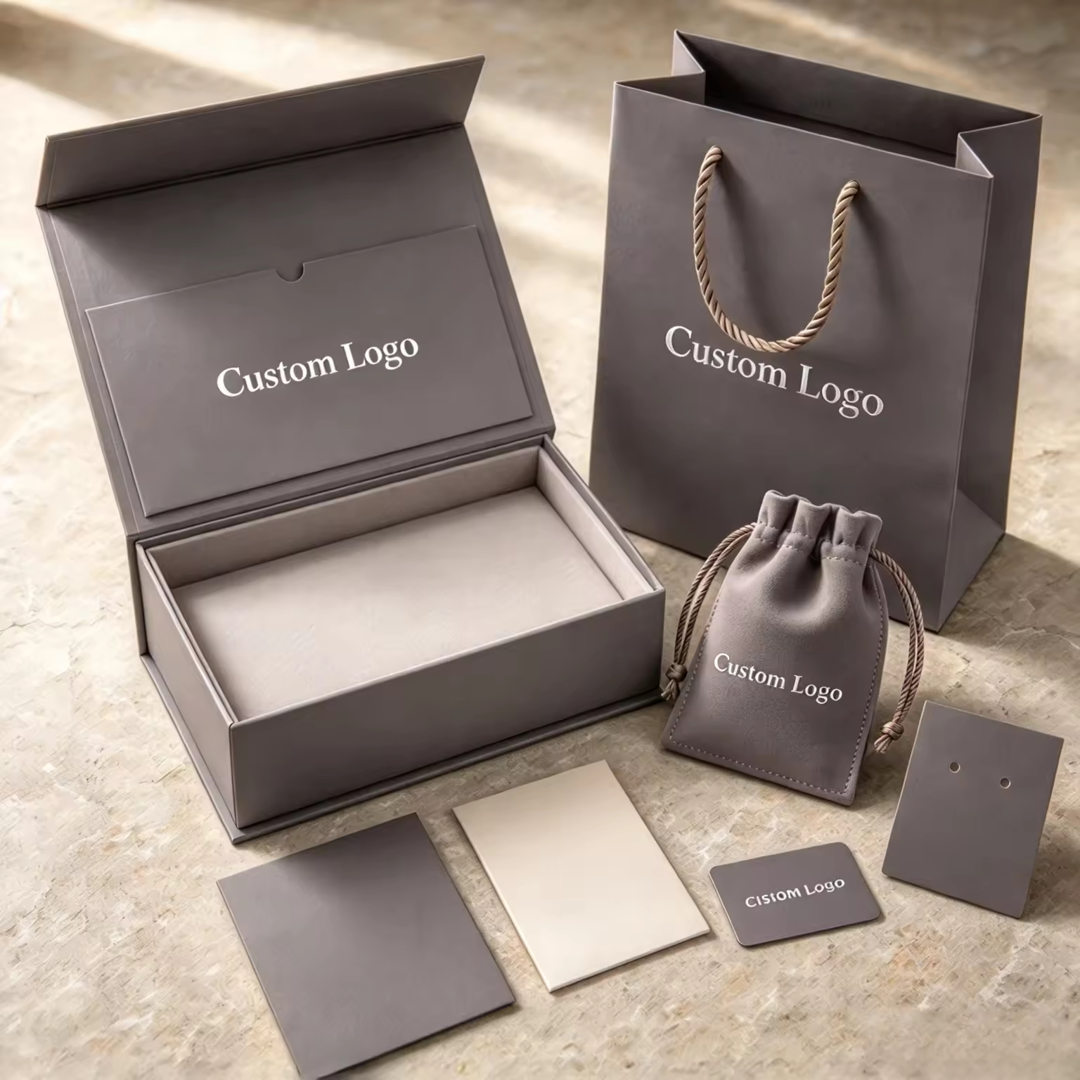 Luxury Custom Logo Magnetic Flip Rigid Jewelry Gift Box with Paper Bag, Pouch & Cards 2